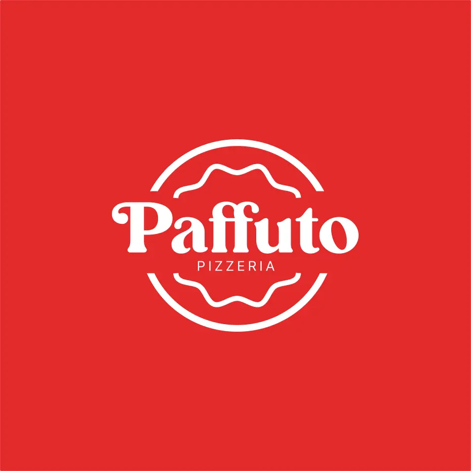 Paffuto logo lockup on brand red background
