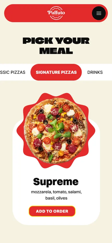 Paffuto mobile menu card design