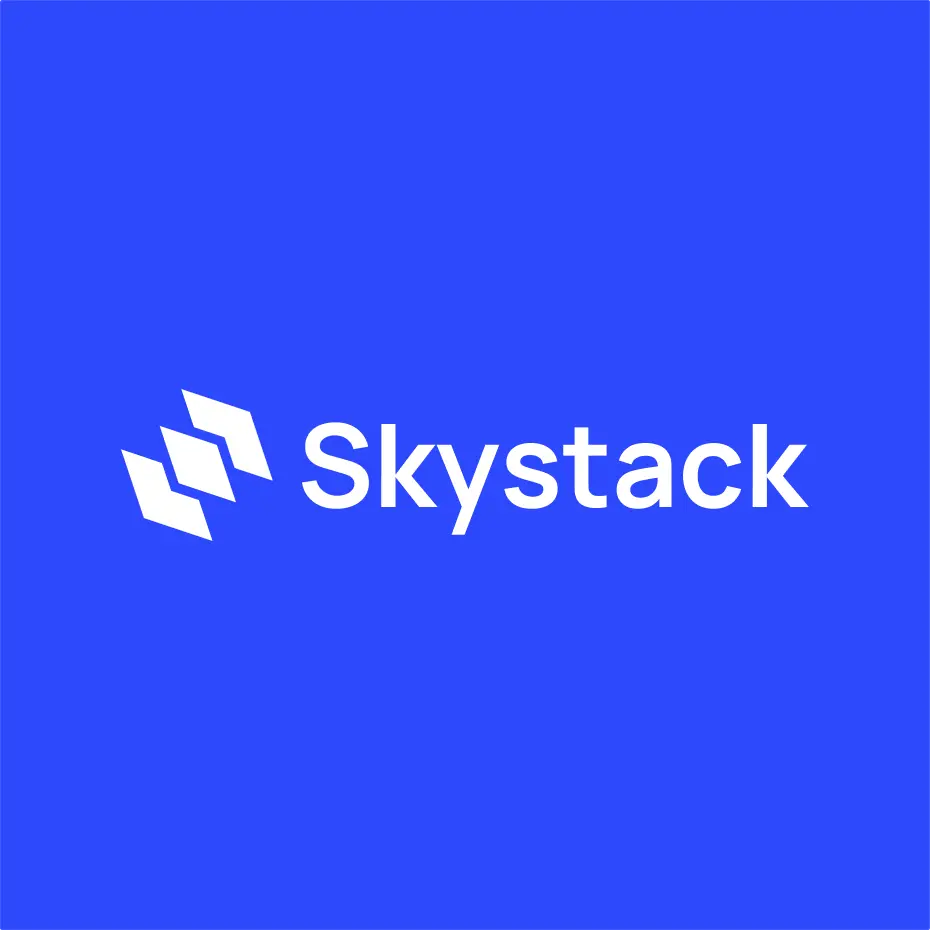 Skystack logo lockup on brand blue background