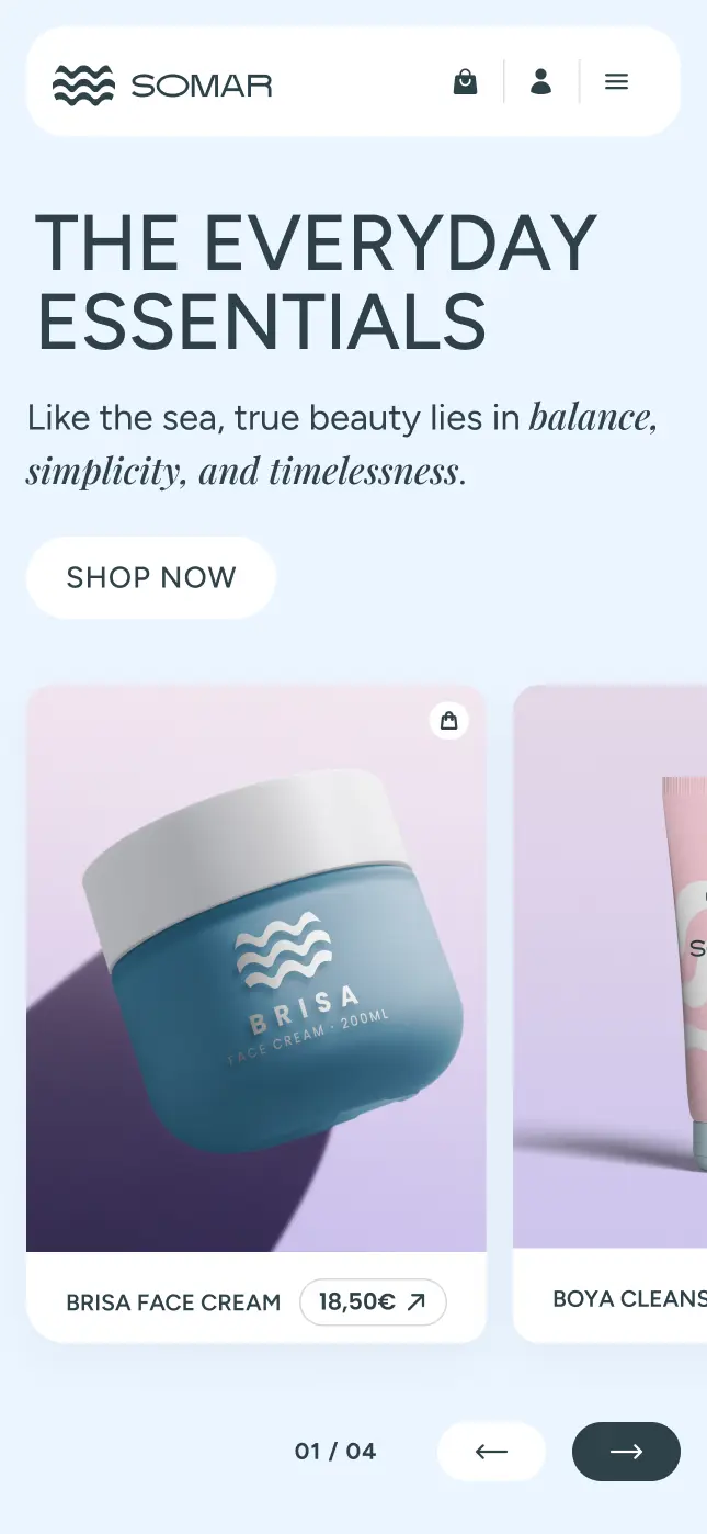 Essentials products section on mobile view